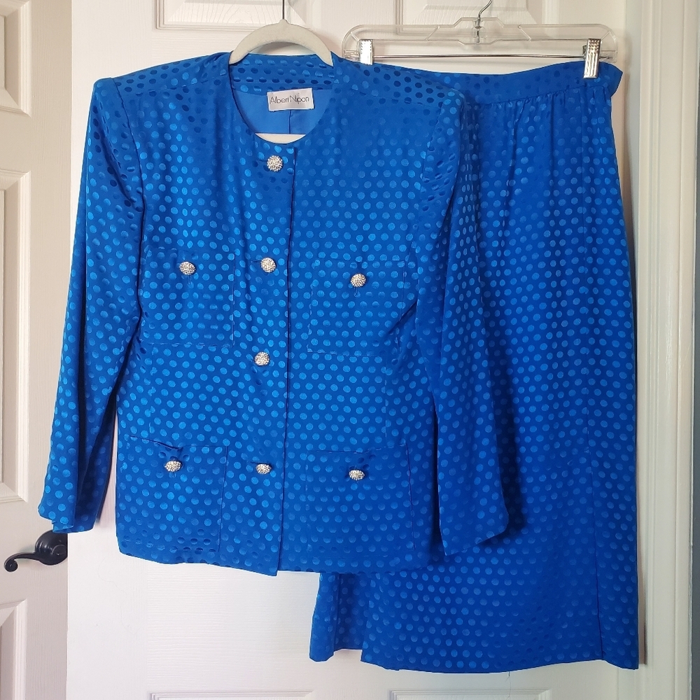 Vintage 100% Silk Skirt Suit Blue Satin Polka-dot 80's Classic Button-up Size 10